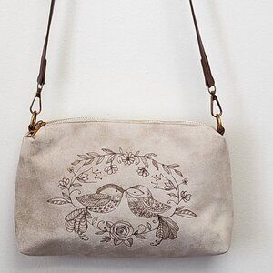 Hand Burned Crossbody Bag Handbag Purse Adjustable Strap Love Birds Khaki Color